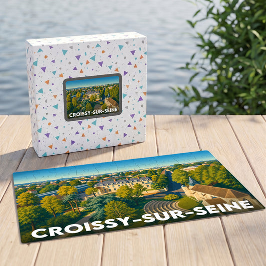 Puzzle souvenir de la ville de Croissy-sur-Seine avec une illustration paysagère colorée.