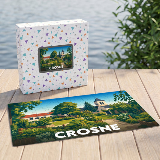 Puzzle souvenir de la ville de Crosne avec une illustration stylisée d'un paysage verdoyant et de son église.