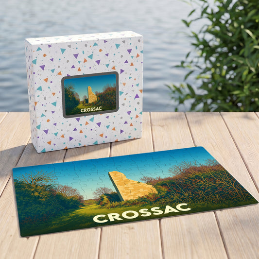 Puzzle souvenir de la ville de Crossac avec une illustration stylisée d'un monument historique.