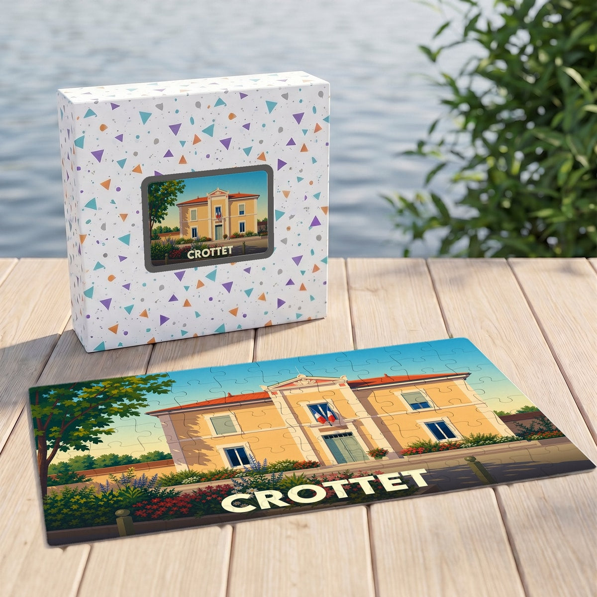 Puzzle souvenir de la ville de Crottet avec une illustration stylisée d'un bâtiment emblématique.