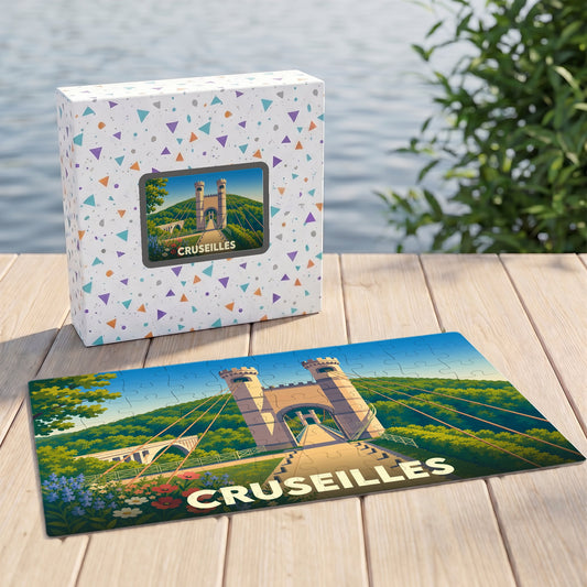 Puzzle souvenir de la ville de Cruseilles avec une illustration stylisée de son pont emblématique.