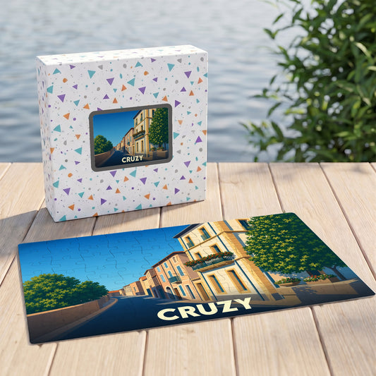 Puzzle souvenir de la ville de Cruzy avec une illustration stylisée d'une rue ensoleillée.
