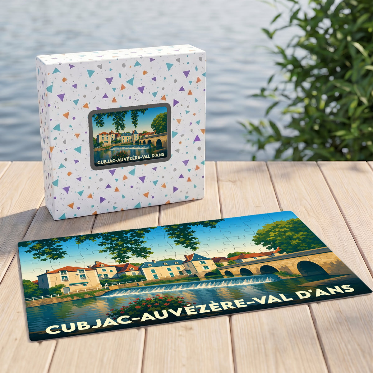 Puzzle souvenir de Cubjac-Auvézère-Val d'Ans avec une illustration stylisée de son pont et de ses quais.