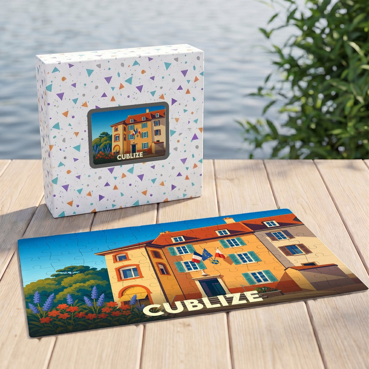 Puzzle souvenir de la ville de Cublize représentant un bâtiment coloré sous un ciel bleu.