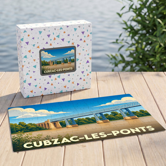 Puzzle souvenir de la ville de Cubzac-les-Ponts avec une illustration stylisée de son pont.