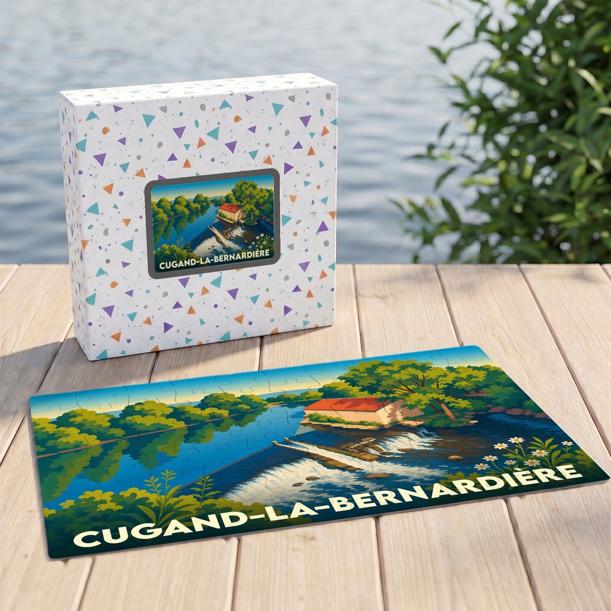 Puzzle souvenir de la ville de Cugand-la-Bernardière avec une illustration stylisée de sa rivière.