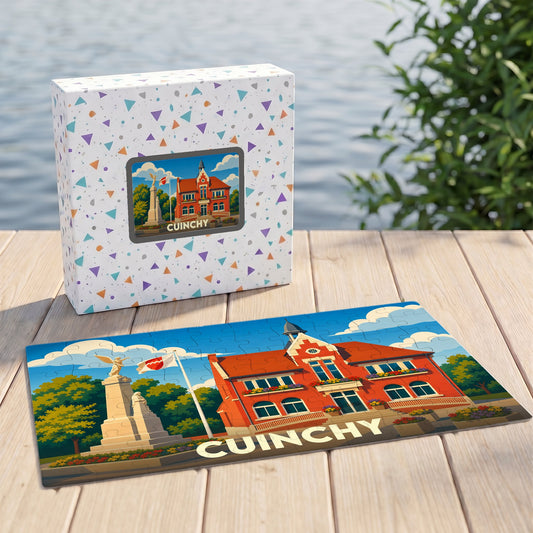 Puzzle souvenir de la ville de Cuinchy avec une illustration stylisée de sa mairie et de son monument aux morts.
