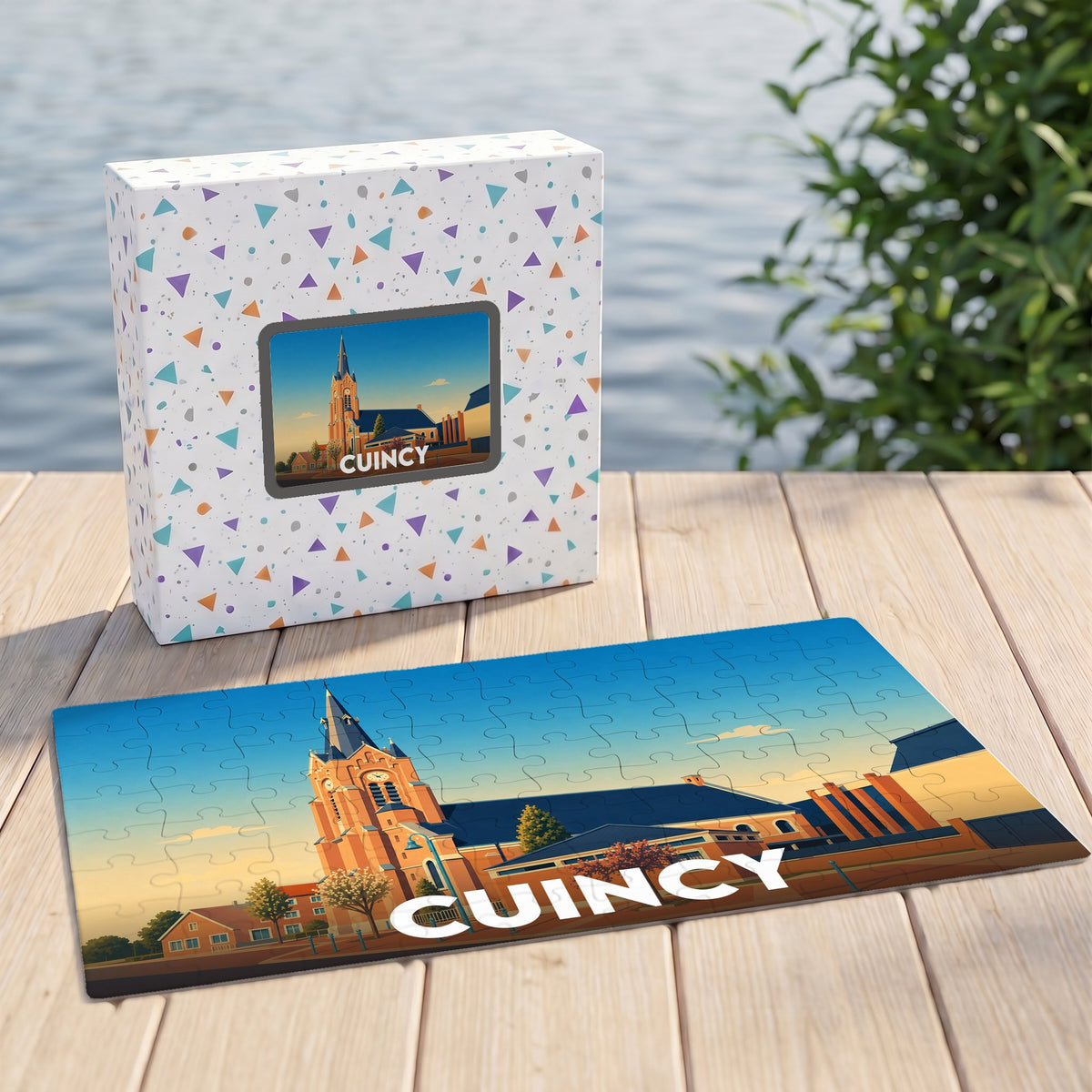 Puzzle souvenir de la ville de Cuincy avec une illustration stylisée de son église et de son paysage urbain.