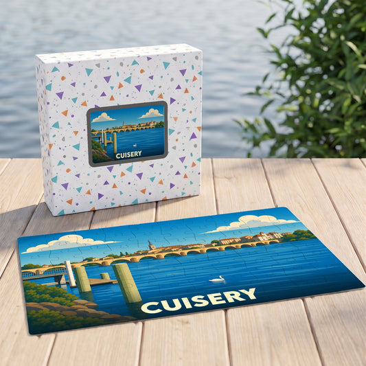 Puzzle souvenir de la ville de Cuisery présentant une illustration stylisée d'un paysage de bord de l'eau.