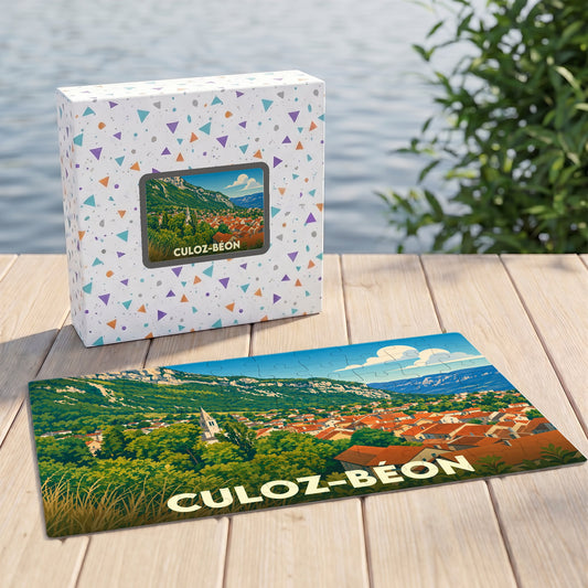 Puzzle souvenir de la ville de Culoz-Béon avec une illustration paysagère stylisée.
