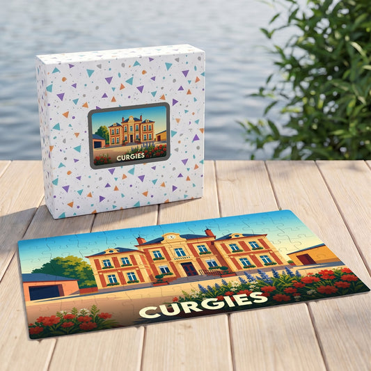 Puzzle souvenir de la ville de Curgies illustrant un bâtiment communal entouré de fleurs.