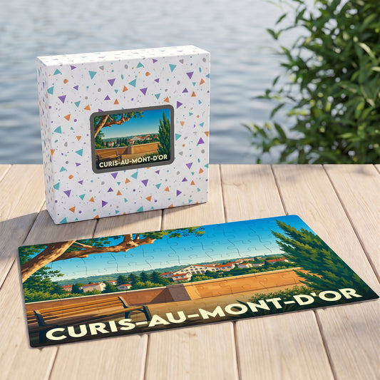 Puzzle souvenir de la ville de Curis-au-Mont-d'Or avec une illustration stylisée et colorée d'un paysage local.