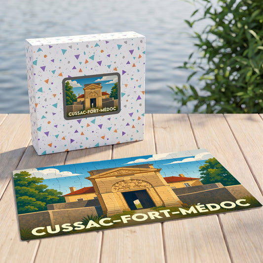 Puzzle souvenir de la ville de Cussac-Fort-Médoc avec une illustration stylisée de son fort historique.