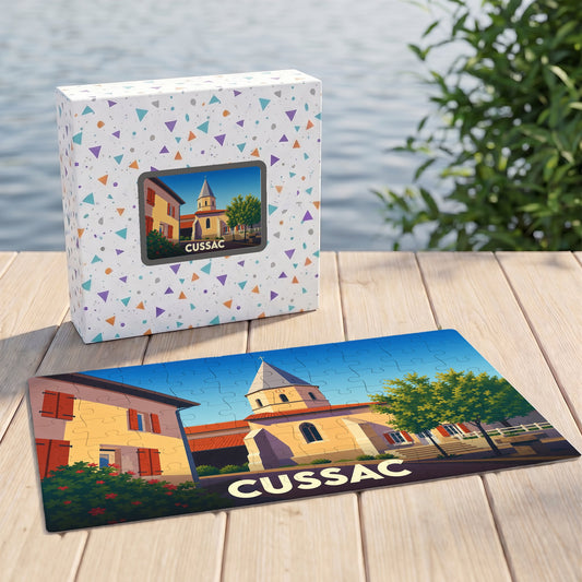 Puzzle souvenir de la ville de Cussac avec une illustration stylisée.