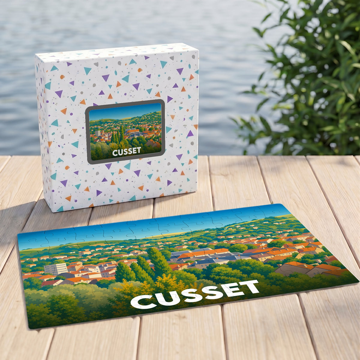 Puzzle souvenir de la ville de Cusset avec une illustration stylisée de son paysage urbain.