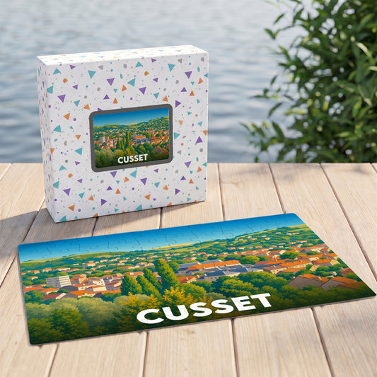 Puzzle souvenir de la ville de Cusset avec une illustration stylisée de son paysage urbain.