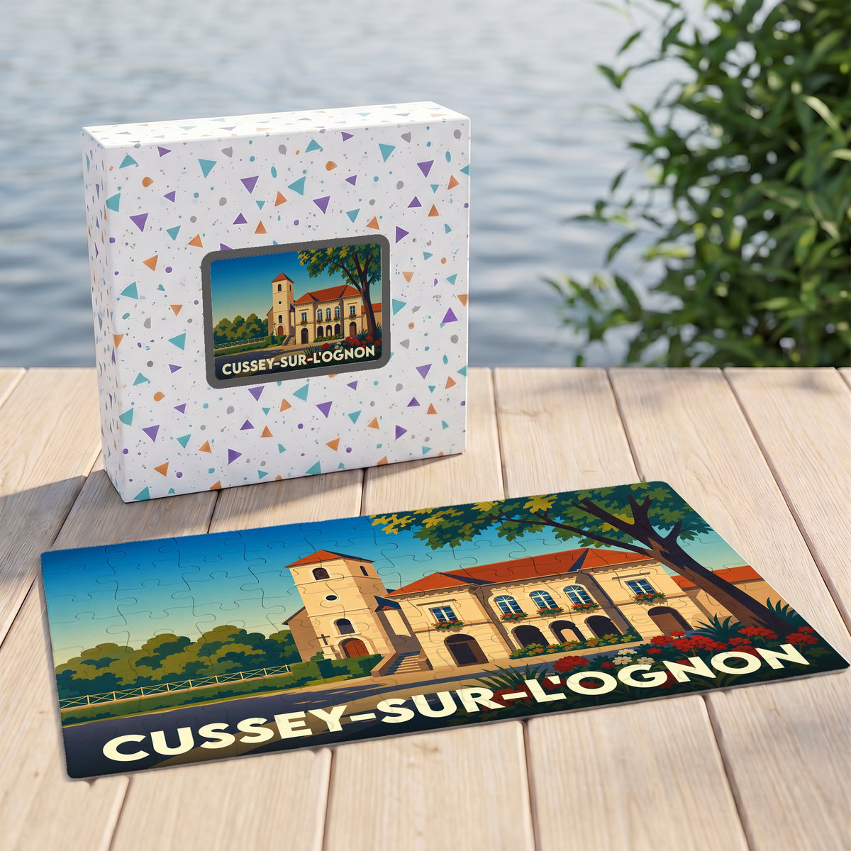 Puzzle souvenir de la ville de Cussey-sur-l'Ognon illustré par un paysage architectural stylisé.