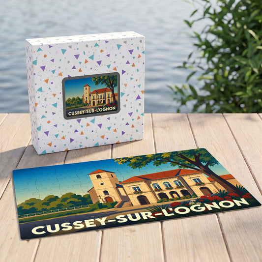 Puzzle souvenir de la ville de Cussey-sur-l'Ognon illustré par un paysage architectural stylisé.
