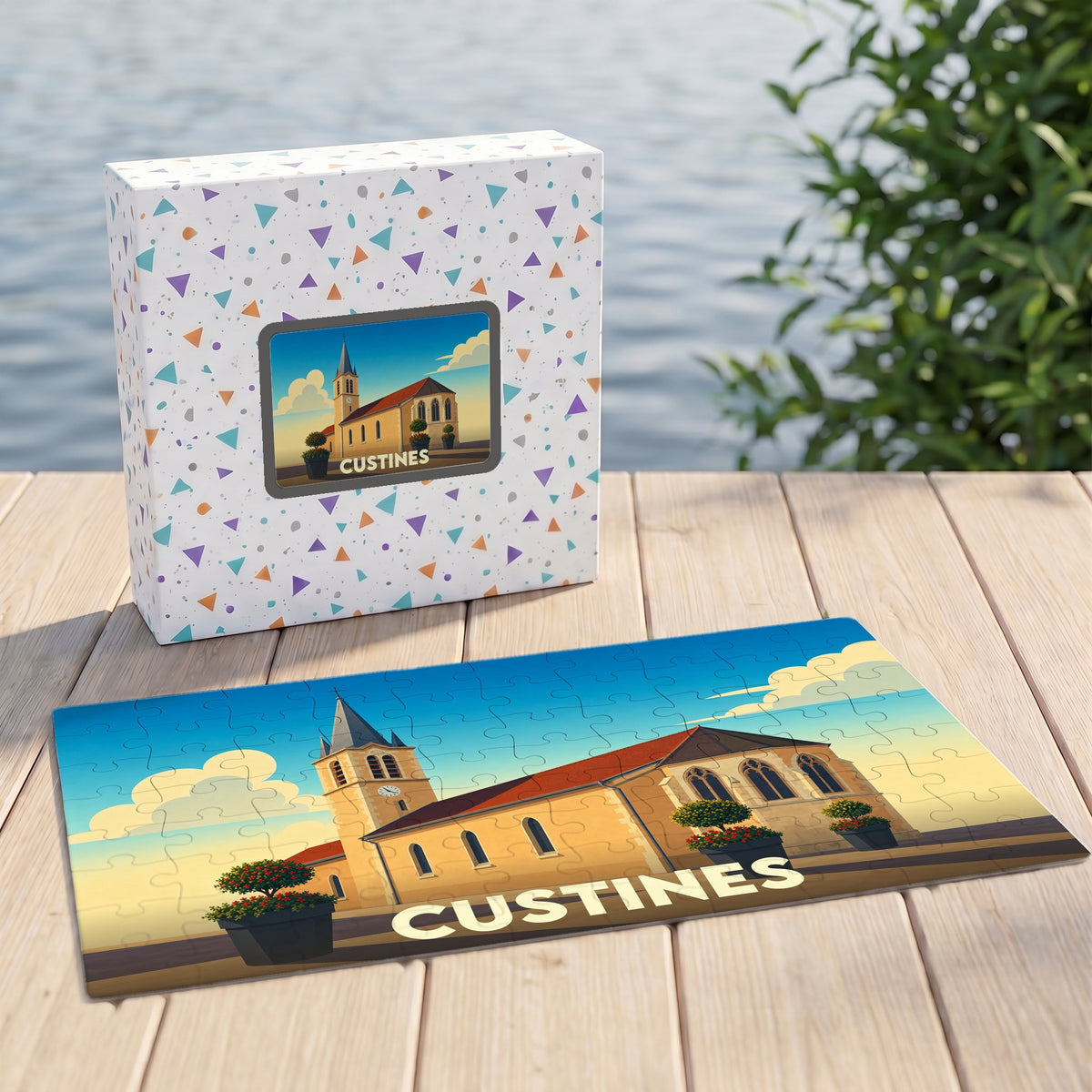Puzzle souvenir de la ville de Custines avec une illustration stylisée de son église.