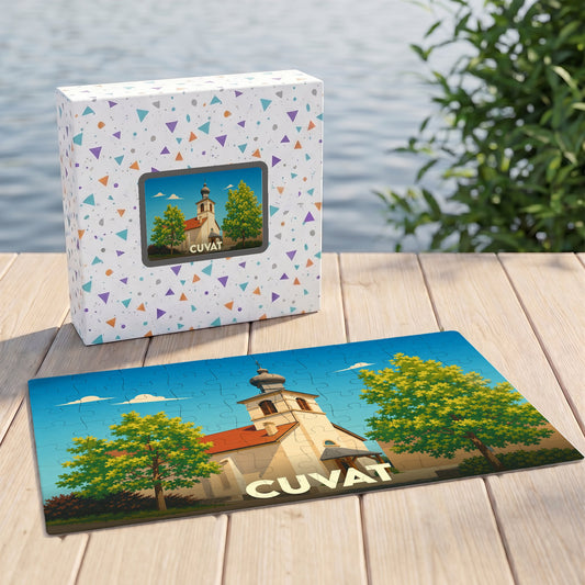 Puzzle souvenir de la ville de Cuvat avec une illustration stylisée de son église.