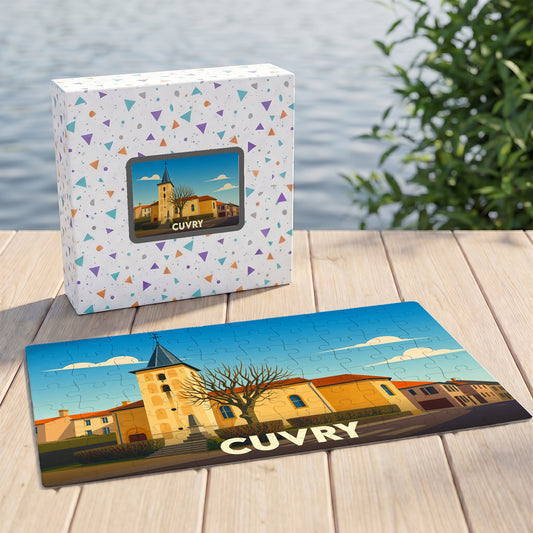 Puzzle souvenir de la ville de Cuvry avec une illustration stylisée.
