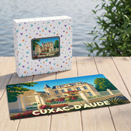 Puzzle souvenir de la ville de Cuxac-d'Aude avec une illustration stylisée d'un château fleuri.