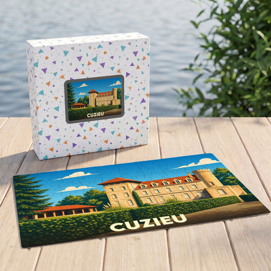 Puzzle souvenir de la ville de Cuzieu avec une illustration stylisée d'un château.