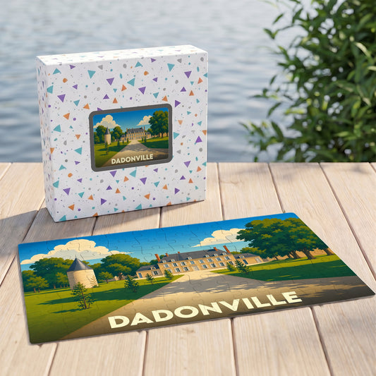 Puzzle souvenir de la ville de Dadonville avec une illustration stylisée de son château.