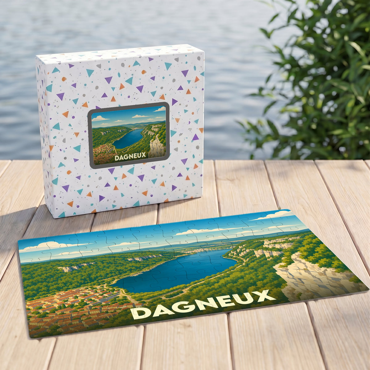 Puzzle souvenir de la ville de Dagneux avec une illustration paysagère stylisée.