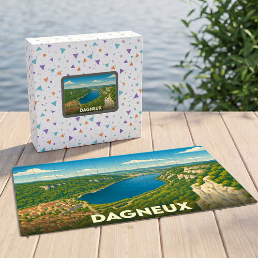 Puzzle souvenir de la ville de Dagneux avec une illustration paysagère stylisée.
