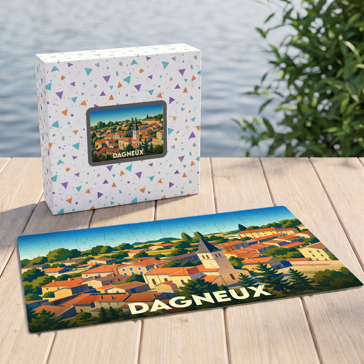 Puzzle souvenir de la ville de Dagneux avec une illustration stylisée et colorée.