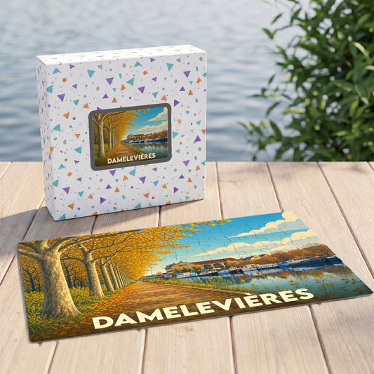 Puzzle souvenir de la ville de Damelevières illustrant un canal bordé d'arbres en automne.