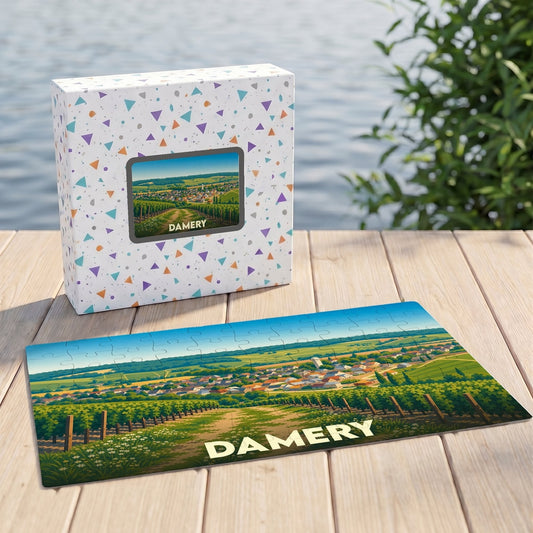 Puzzle souvenir de la ville de Damery avec une illustration stylisée de ses vignobles.