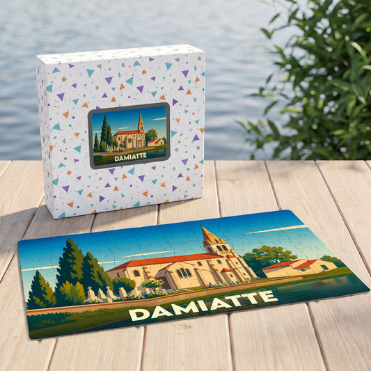Puzzle souvenir de la ville de Damiatte avec une illustration stylisée d'une église au bord de l'eau.