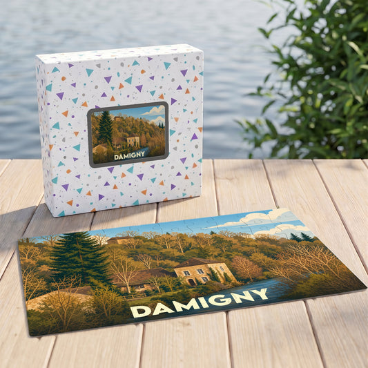 Puzzle souvenir de la ville de Damigny avec une illustration automnale stylisée.