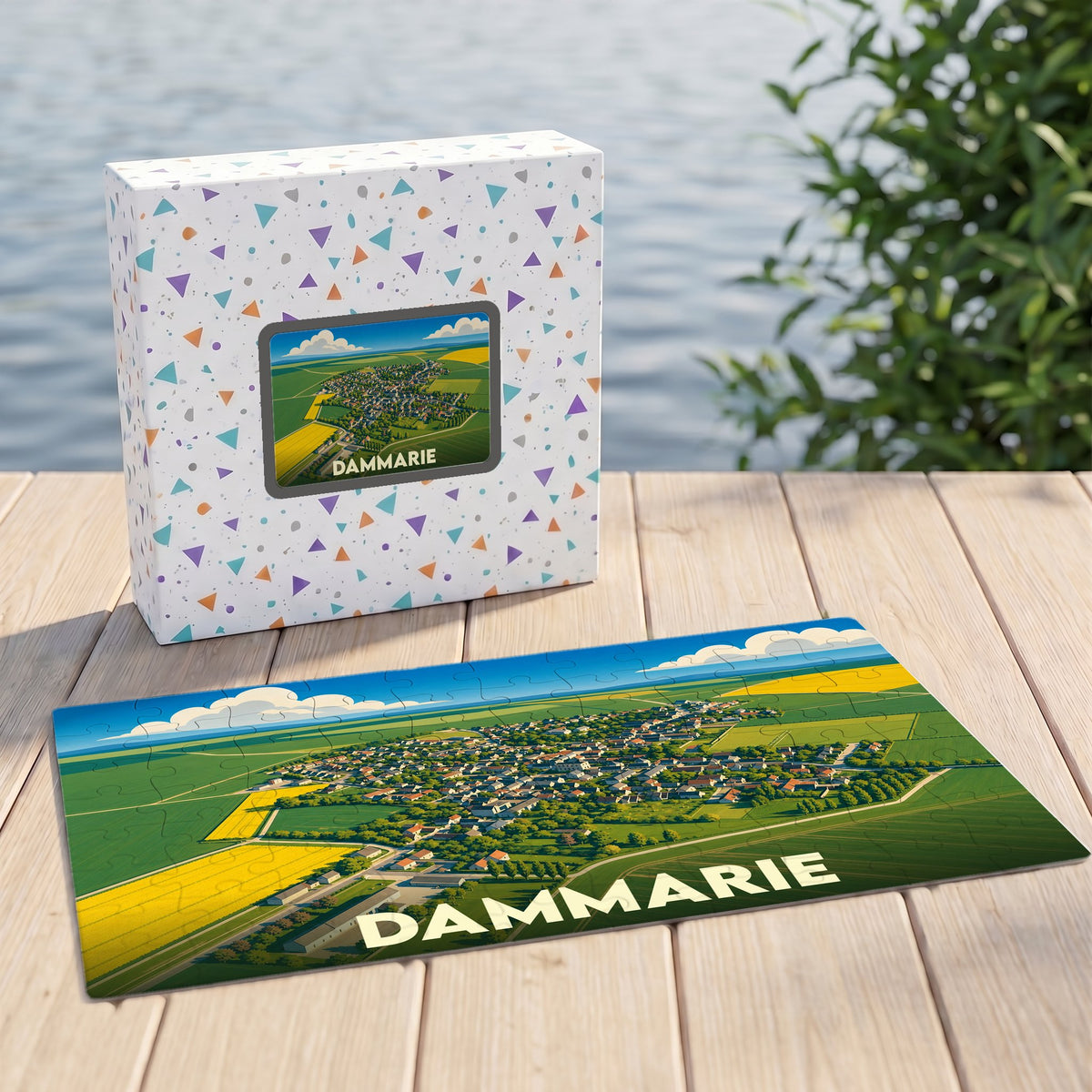 Puzzle souvenir de la ville de Dammarie avec une illustration aérienne colorée.