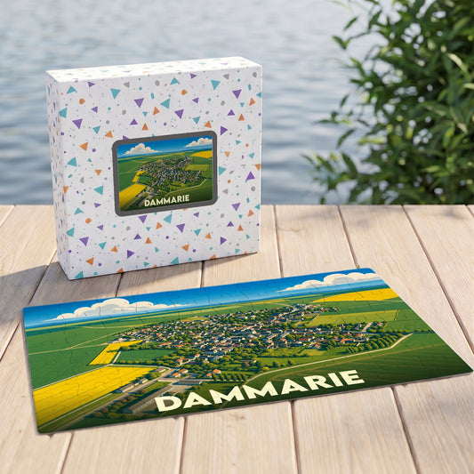 Puzzle souvenir de la ville de Dammarie avec une illustration aérienne colorée.