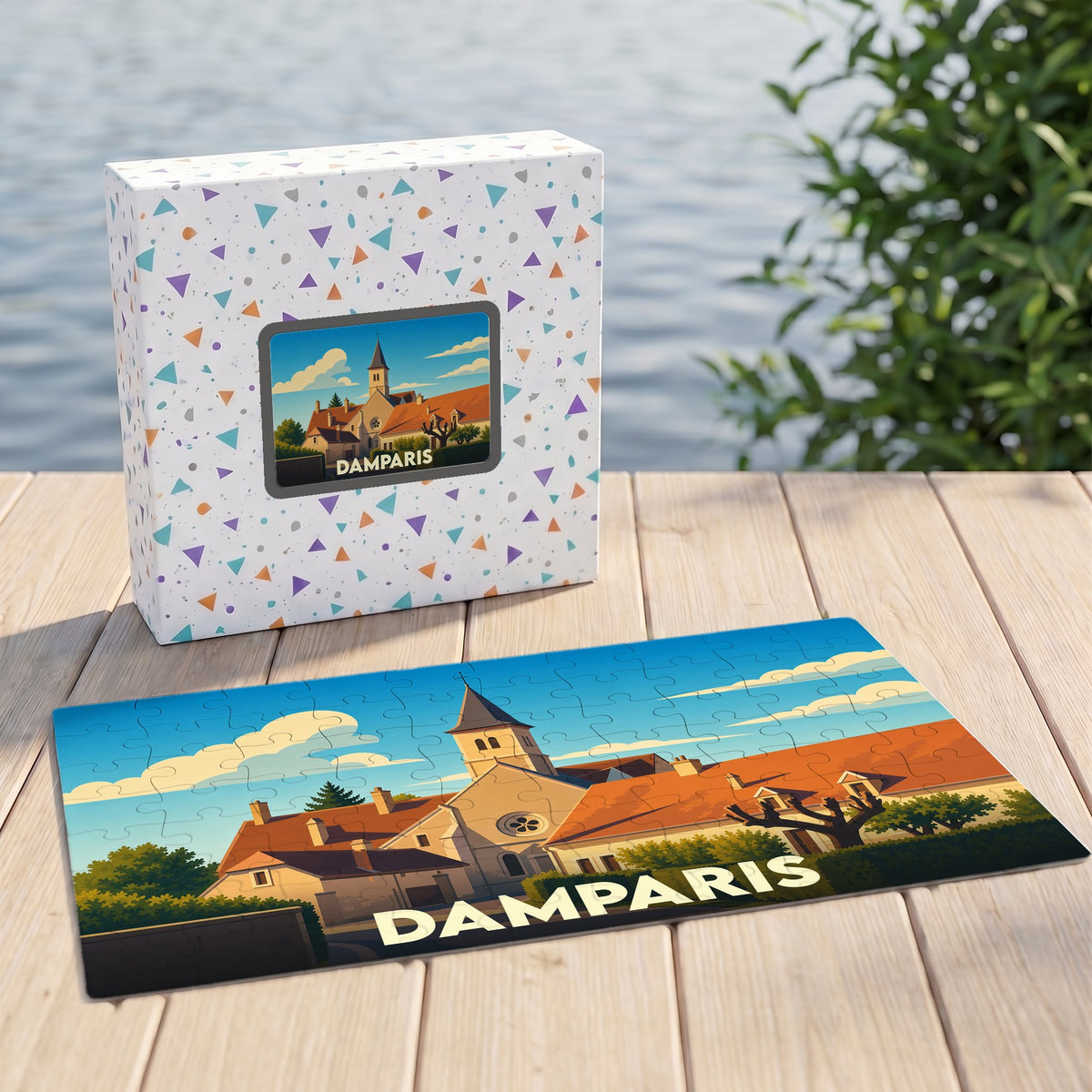 Puzzle souvenir de la ville de Damparis avec une illustration stylisée de son église et de ses toits.
