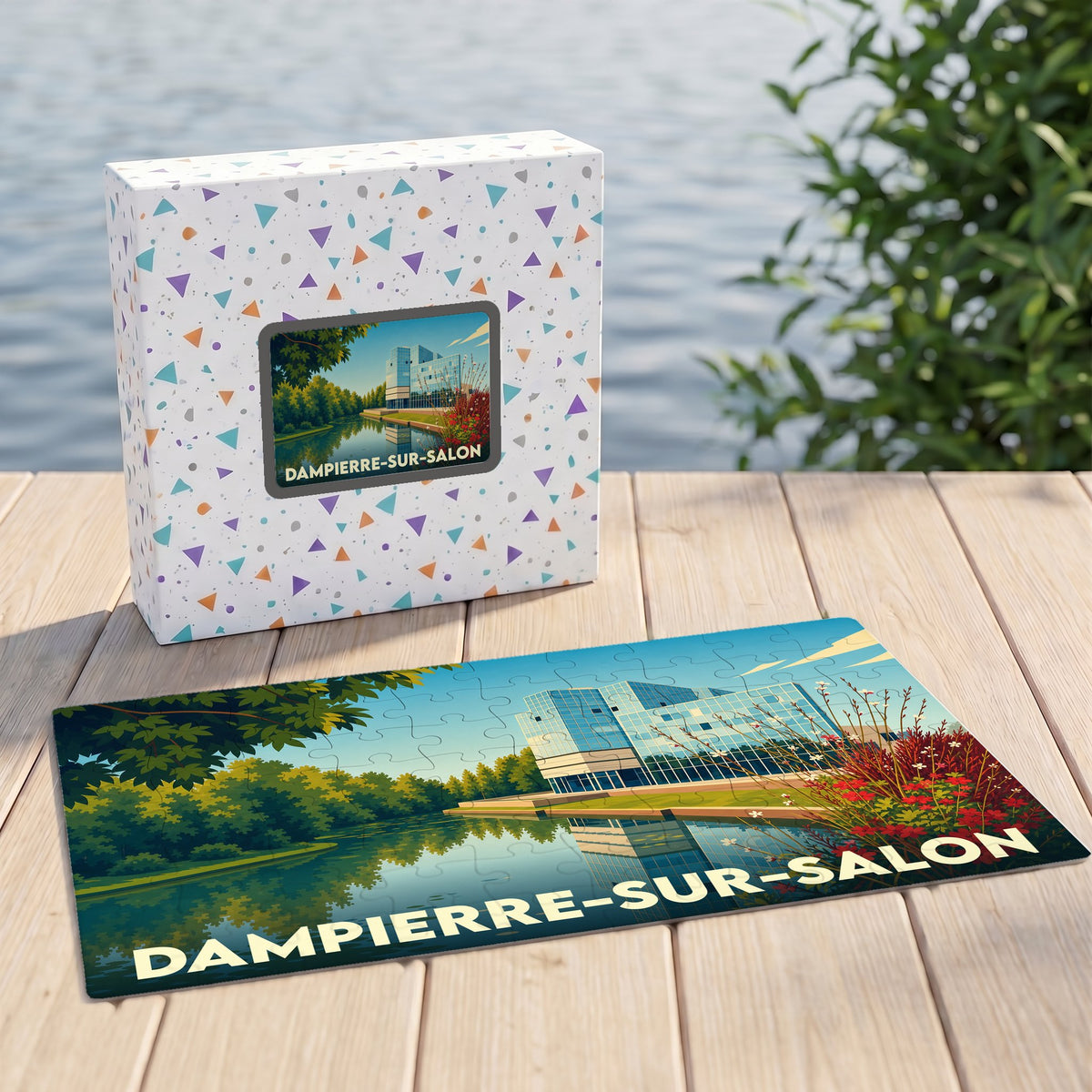 Puzzle souvenir de la ville de Dampierre-sur-Salon avec une illustration stylisée et colorée.