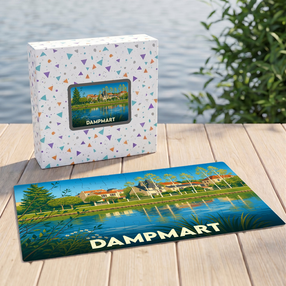 Puzzle souvenir de la ville de Dampmart illustrant un paysage de bord d'eau stylisé.