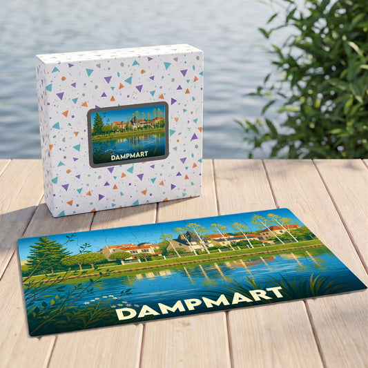 Puzzle souvenir de la ville de Dampmart illustrant un paysage de bord d'eau stylisé.