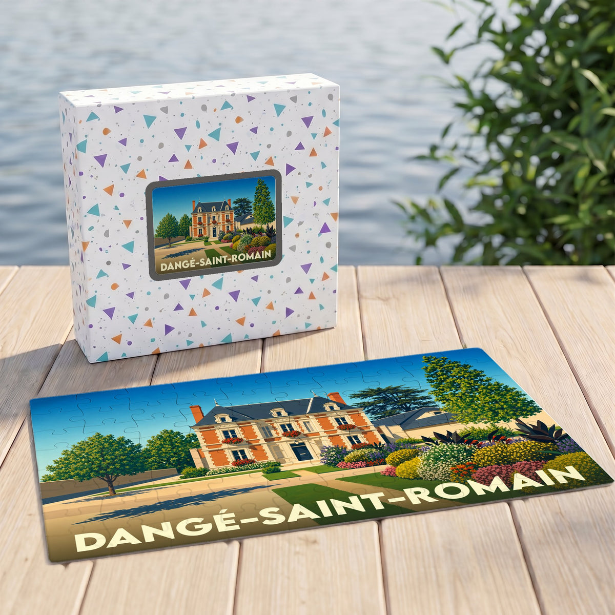Puzzle souvenir de la ville de Dangé-Saint-Romain représentant une grande demeure illustrée et fleurie.