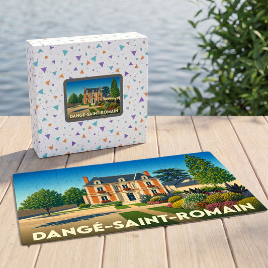 Puzzle souvenir de la ville de Dangé-Saint-Romain représentant une grande demeure illustrée et fleurie.