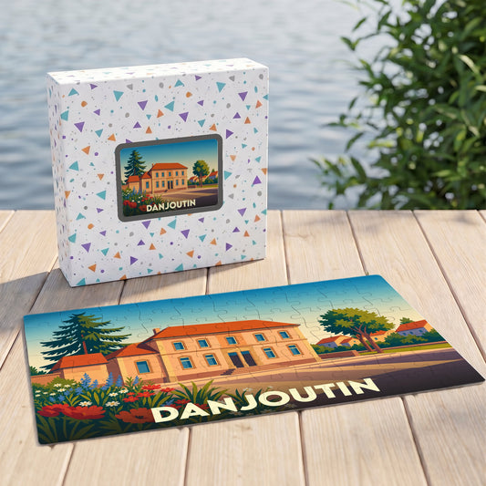 Puzzle souvenir de la ville de Danjoutin avec une illustration stylisée.
