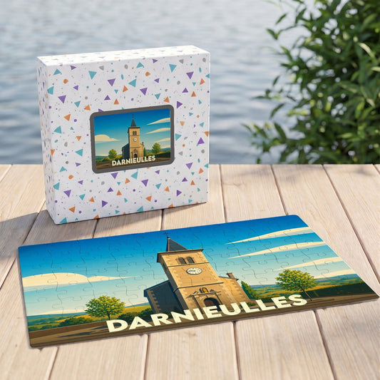 Puzzle souvenir de la ville de Darnieulles avec une illustration stylisée de son église.
