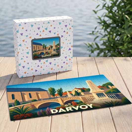 Puzzle souvenir de la ville de Darvoy représentant un paysage illustré avec pont et monument.