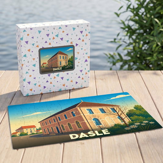 Puzzle souvenir de la ville de Dasle avec une illustration stylisée de son architecture.