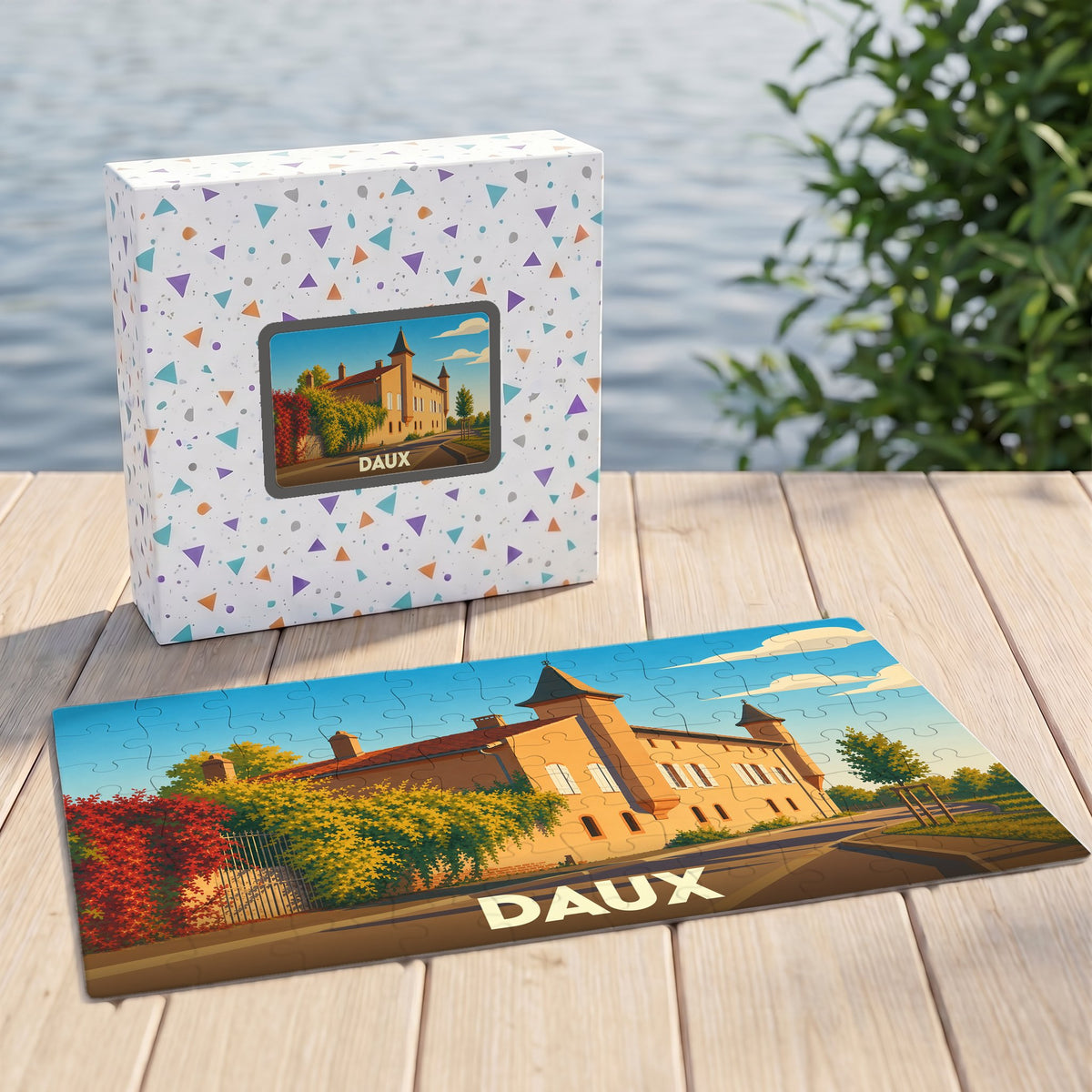 Puzzle souvenir de la ville de Daux avec une illustration stylisée d'un château.