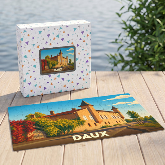 Puzzle souvenir de la ville de Daux avec une illustration stylisée d'un château.
