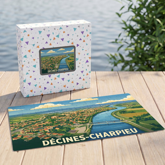 Puzzle souvenir de la ville de Décines-Charpieu avec une illustration panoramique stylisée.